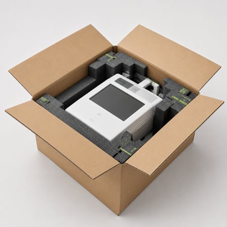 Empfindliches Diagnostiksystem in passgenauer Schutzverpackung mit Schaumstoffpolsterung für sicheren Transport.